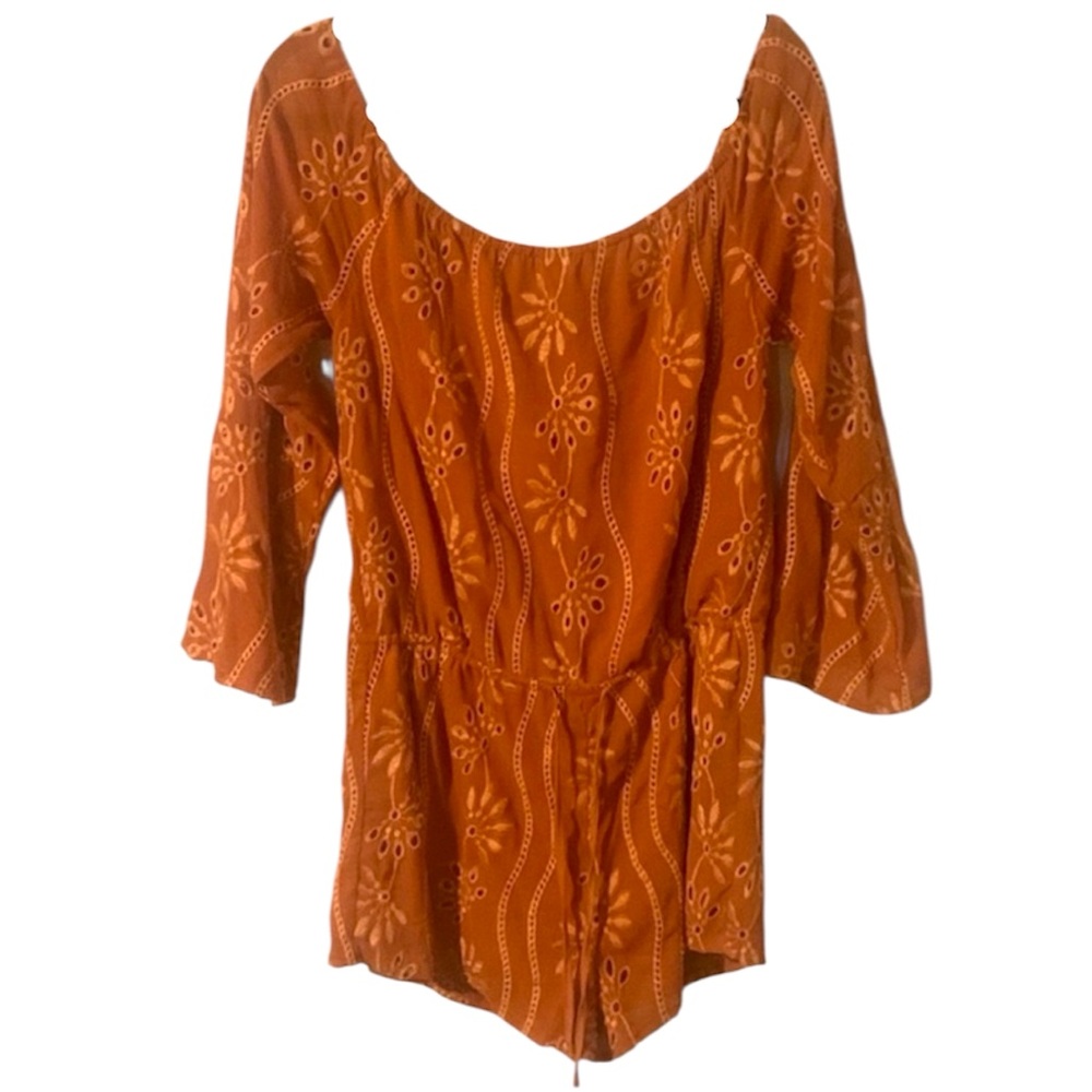 Honey Belle Orange Embroidered Off-the-Shoulder Bell-Sleeve Romper